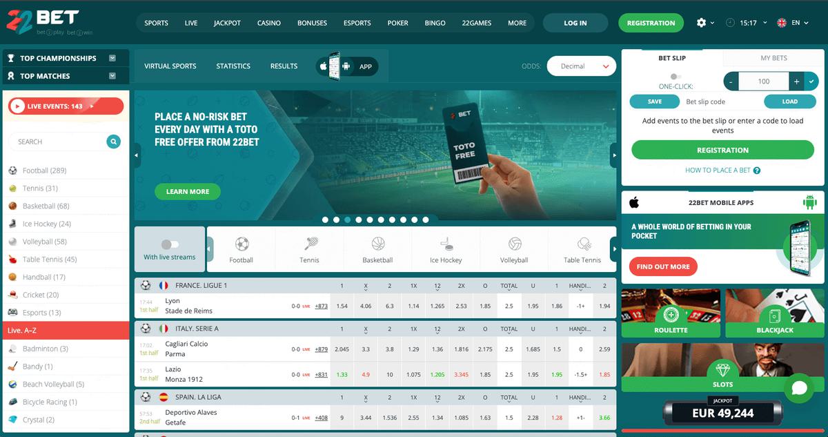 22bet homepage screenshot