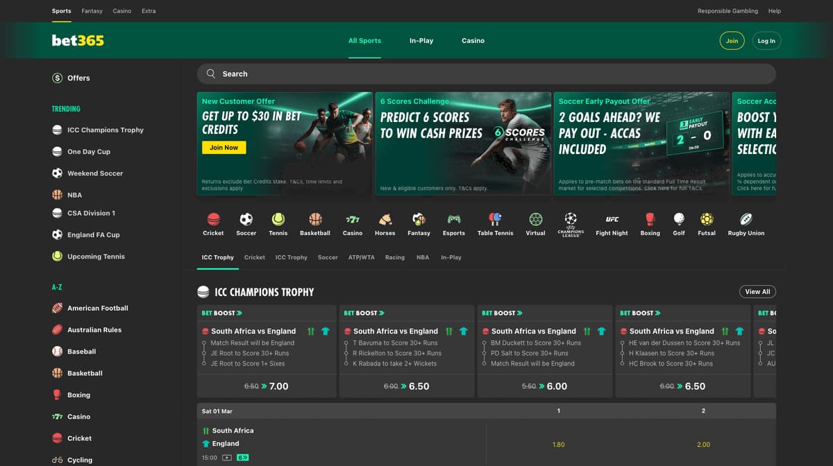 Bet365 homepage screenshot