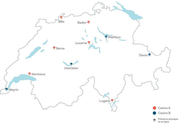 Carte des casinos suisses avec une extension en ligne